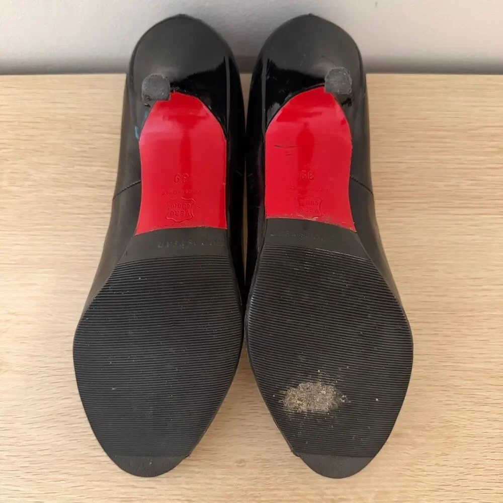 Christian Louboutin Black Patent Leather Peep Toe Stiletto Heels Size 39
